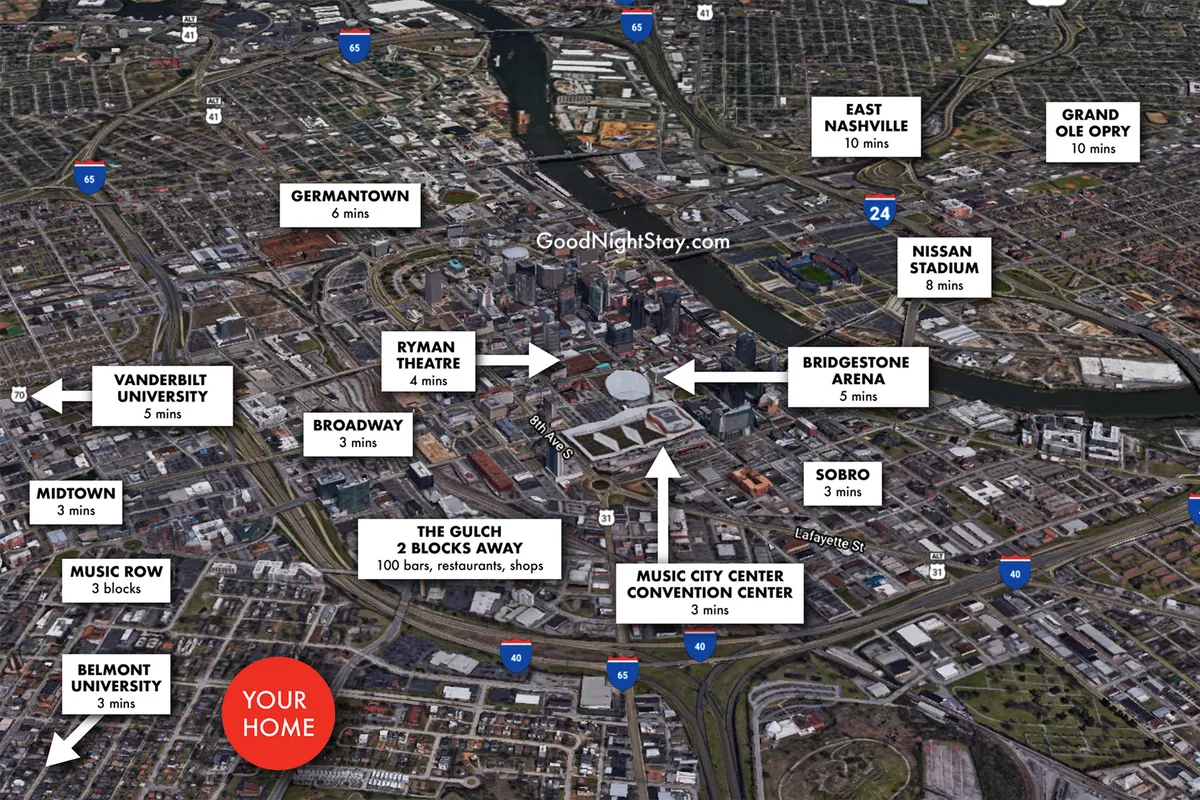 A sweeping city view encompassing major Nashville landmarks such as The Gulch, Broadway, Ryman Theatre, Vanderbilt University, and Bridgestone Arena. The scene is lively, vibrant, and filled with the energy of nightlife and cultural activities, capturing the heart of the city's entertainment and dining districts.
